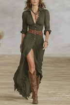 OLIVIA | VESTIDO LONGO DE MULHER E MANGAS COMPRIDAS EM LINHO