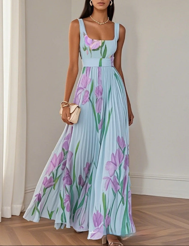 ÍRIS | VESTIDO LONGO PLISSADO COM ESTAMPADO FLORAL