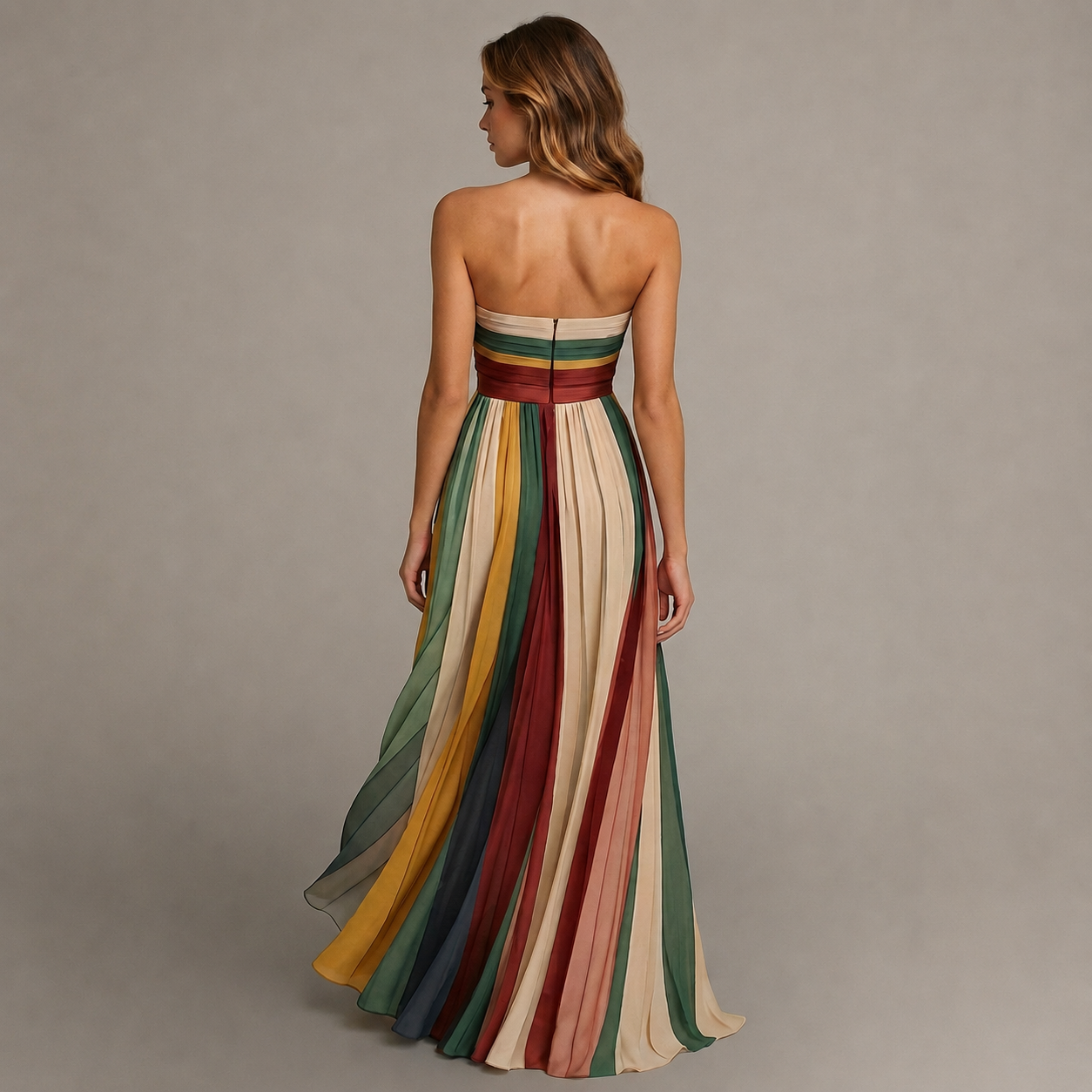 SELENA – VESTIDO LONGO TOMARA-QUE-CAIA COM RISCAS COLORIDAS