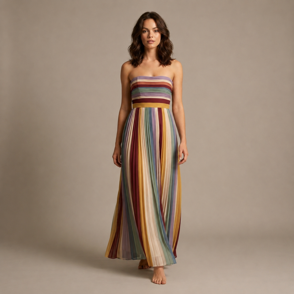 SELENA – VESTIDO LONGO TOMARA-QUE-CAIA COM RISCAS COLORIDAS