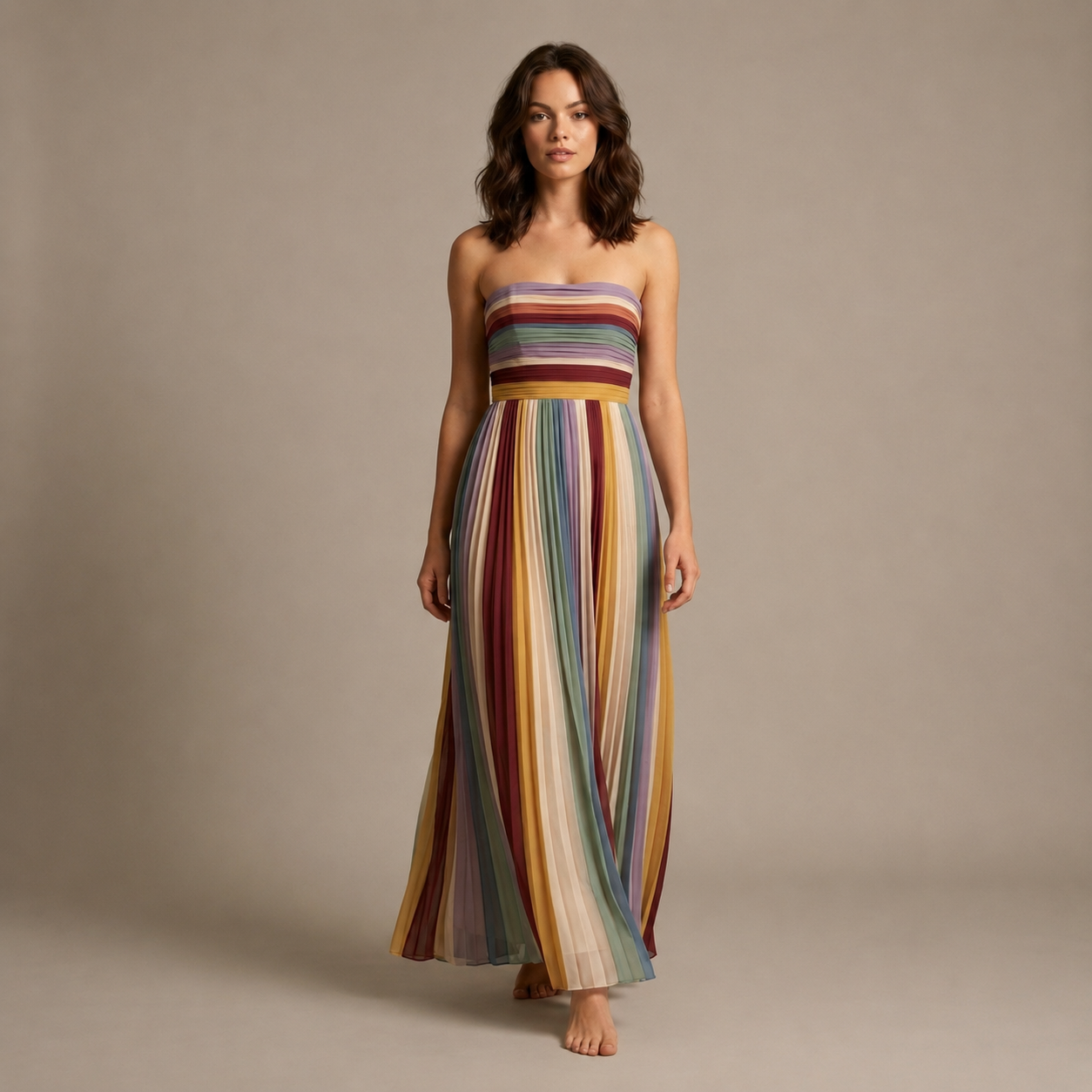 SELENA – VESTIDO LONGO TOMARA-QUE-CAIA COM RISCAS COLORIDAS