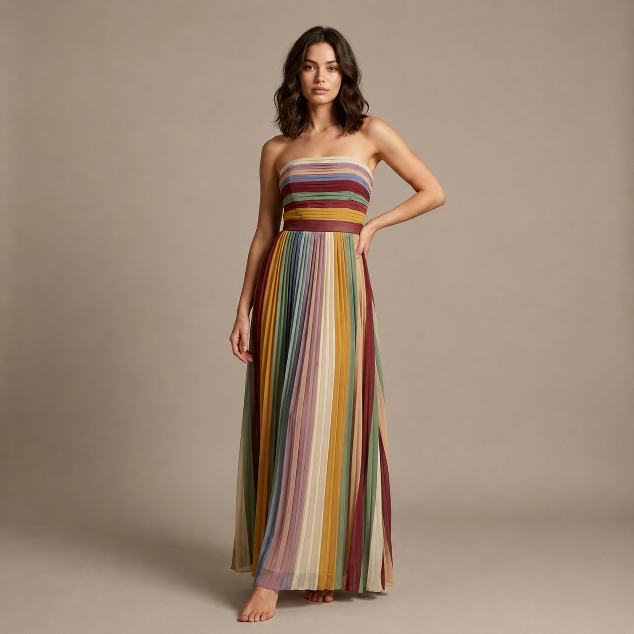 SELENA – VESTIDO LONGO TOMARA-QUE-CAIA COM RISCAS COLORIDAS