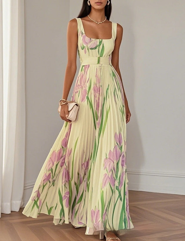 ÍRIS | VESTIDO LONGO PLISSADO COM ESTAMPADO FLORAL