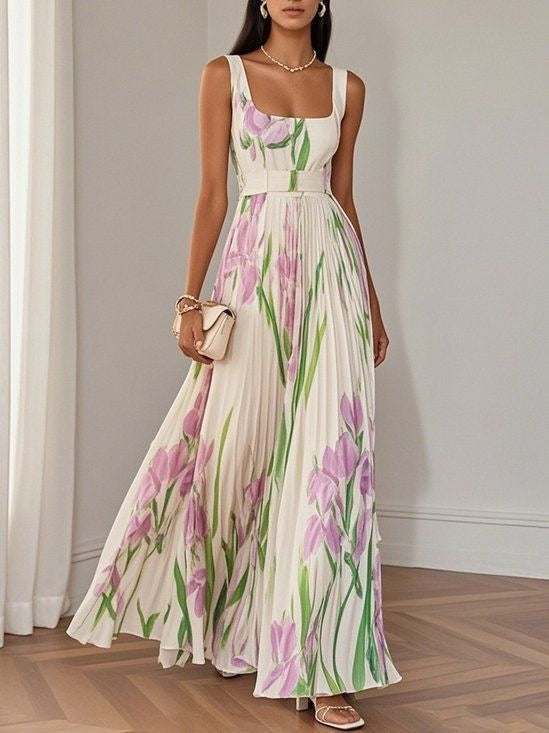 ÍRIS | VESTIDO LONGO PLISSADO COM ESTAMPADO FLORAL