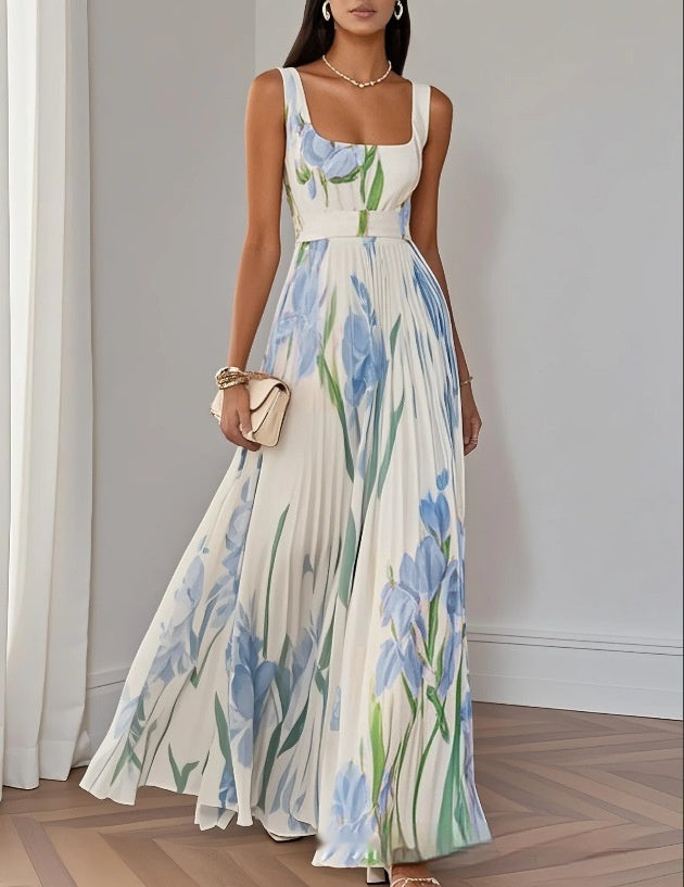 ÍRIS | VESTIDO LONGO PLISSADO COM ESTAMPADO FLORAL