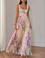 ÍRIS | VESTIDO LONGO PLISSADO COM ESTAMPADO FLORAL