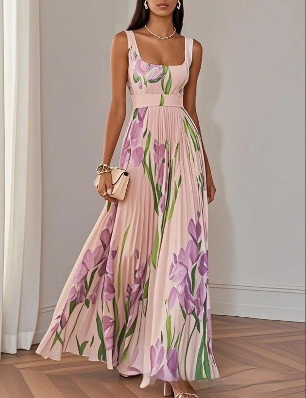 ÍRIS | VESTIDO LONGO PLISSADO COM ESTAMPADO FLORAL