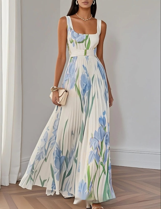 ÍRIS | VESTIDO LONGO PLISSADO COM ESTAMPADO FLORAL