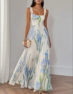 ÍRIS | VESTIDO LONGO PLISSADO COM ESTAMPADO FLORAL